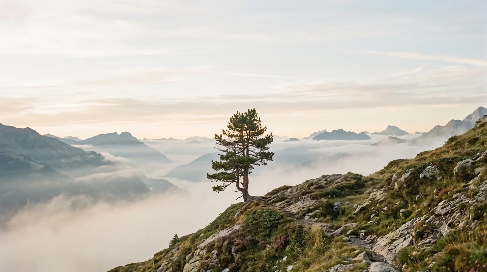 A lone pine on a misty mountainside at dawn